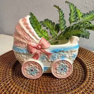 Vintage 50s Lefton Ceramic Baby Carriage Planter Pink Blue Floral Nursery Decor